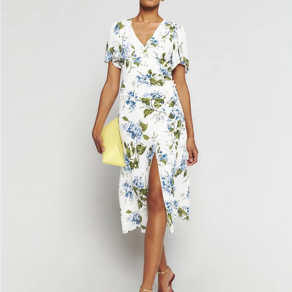 NBW Reformation Floral V-Neck Faux Wrap Dress